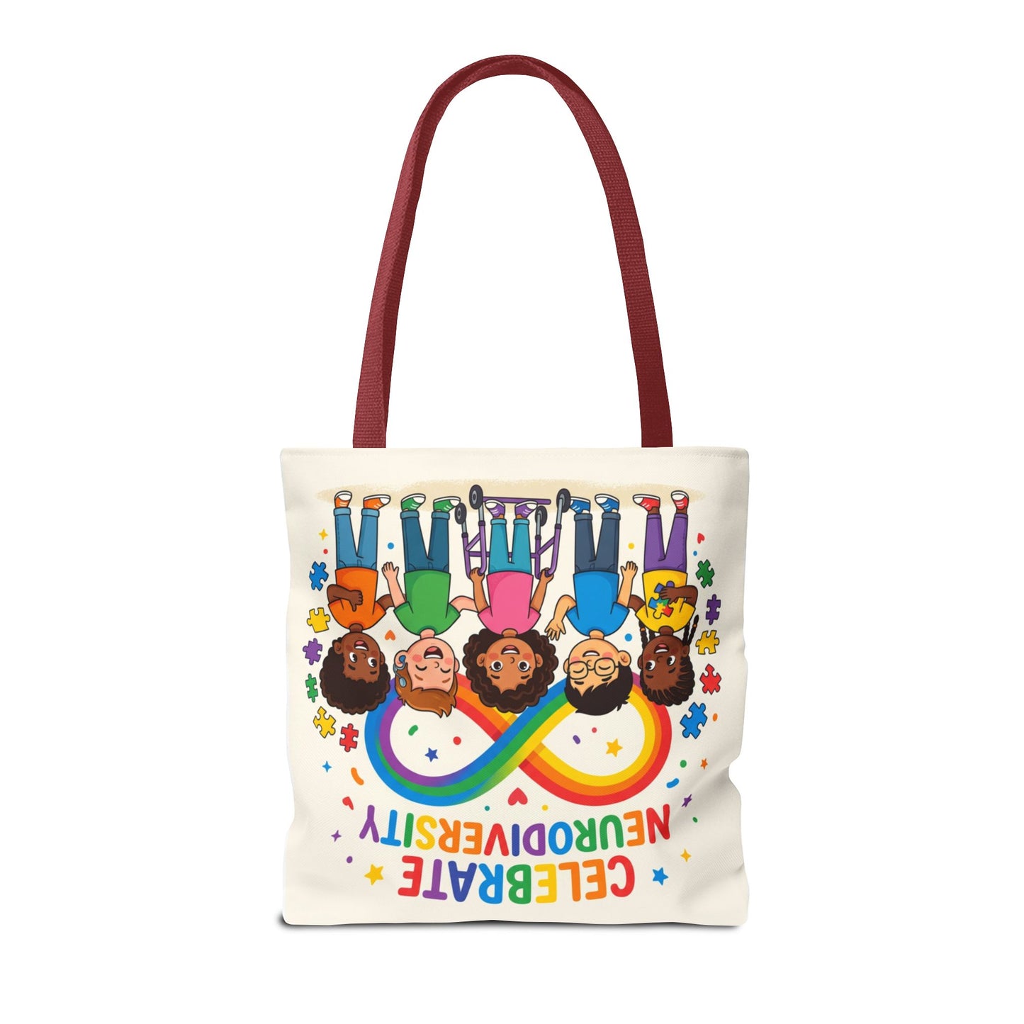 Celebrate Neurodiversity Tote Bag — Rainbow Infinity Symbol with Diverse Kids