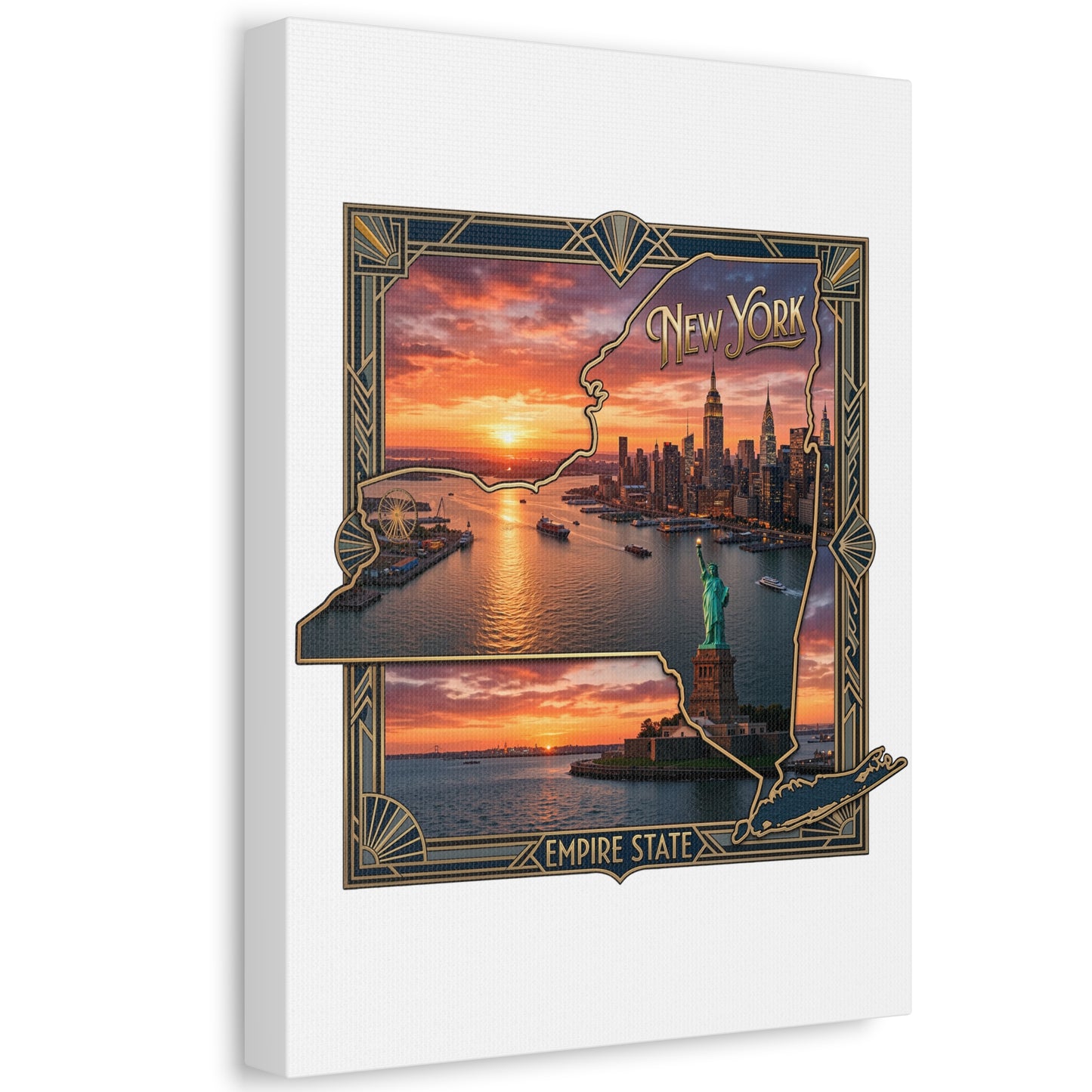 New York Sunset Stretched Canvas – Empire State Skyline with Statue of Liberty