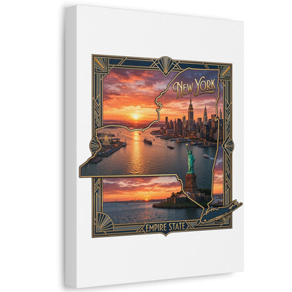 New York Sunset Stretched Canvas – Empire State Skyline with Statue of Liberty