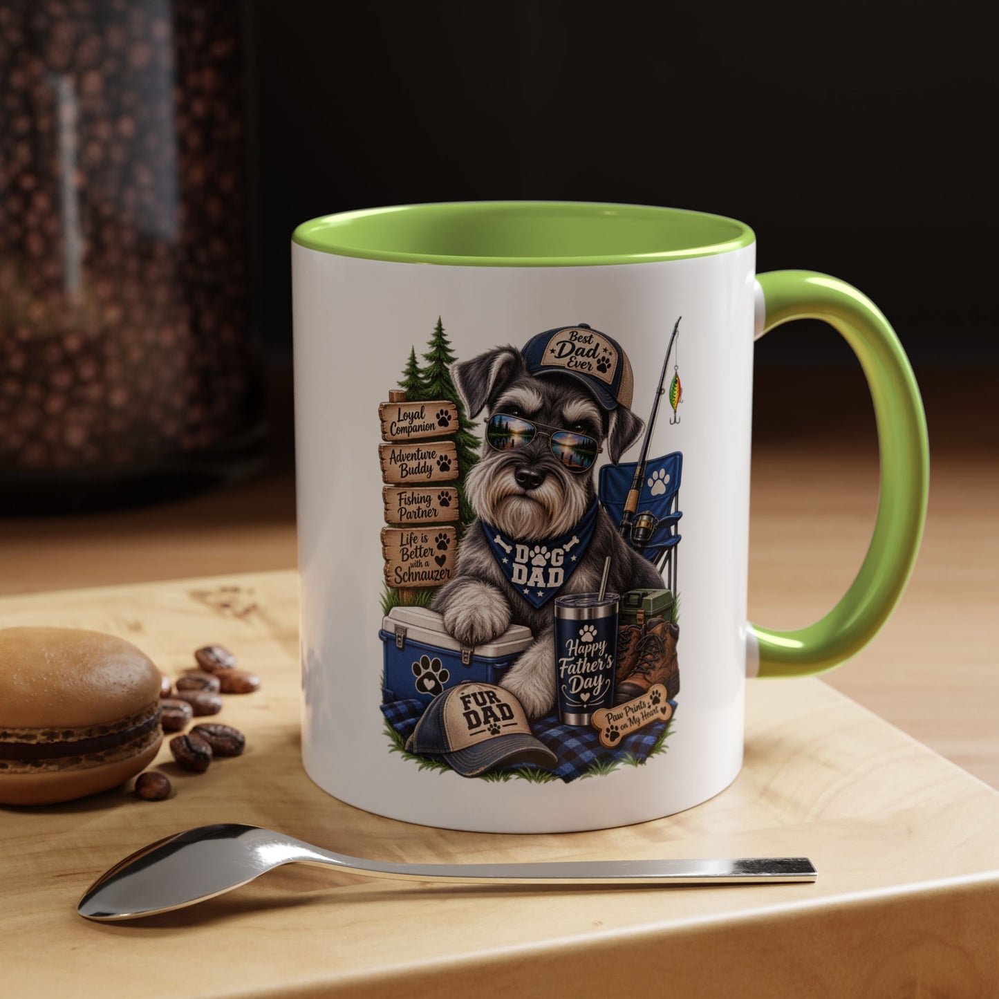 Schnauzer Dad Accent Coffee Mug – "Dog Dad" Camping Paw Print Design (11/15oz)