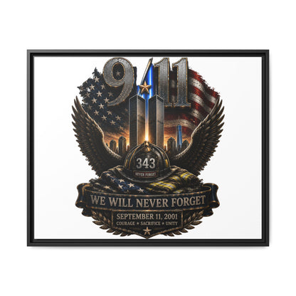 9/11 Memorial Matte Canvas Print — "We Will Never Forget" Framed Tribute