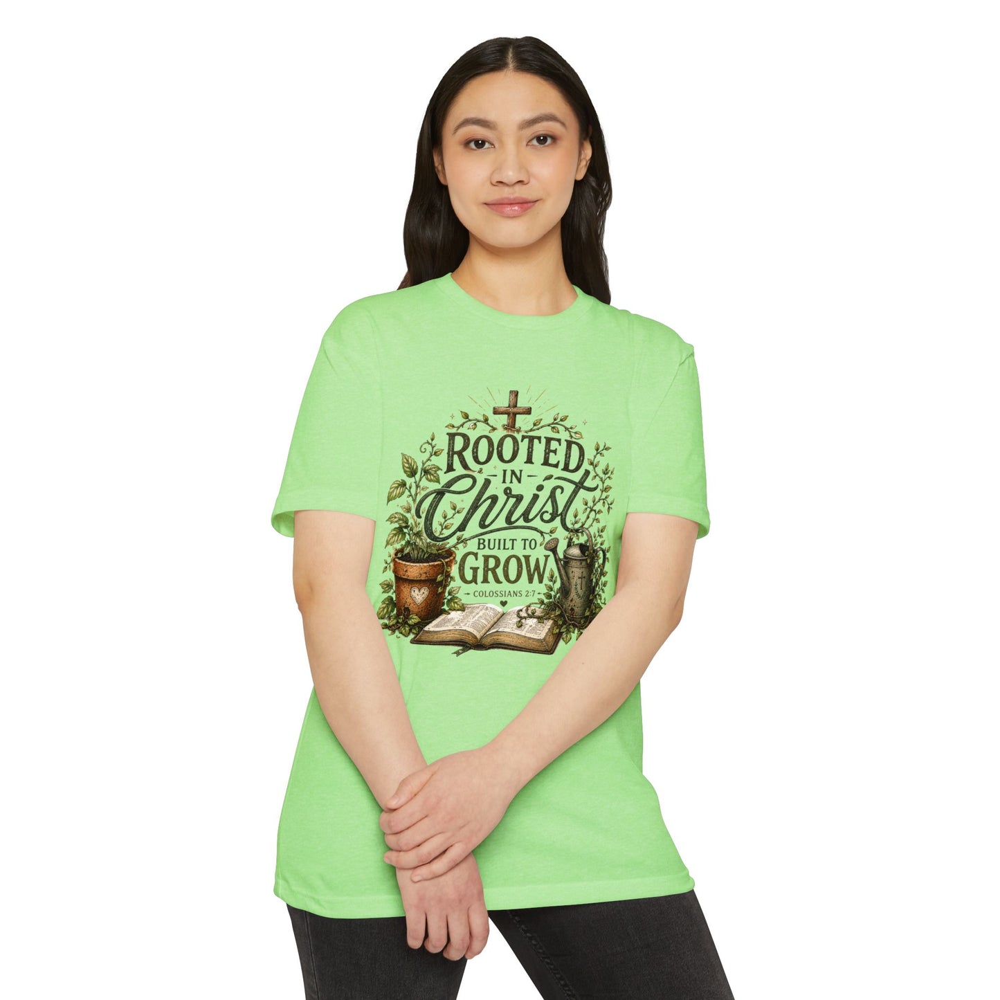 Rooted in Christ T-Shirt – Christian Faith Garden Graphic (Built to Grow)