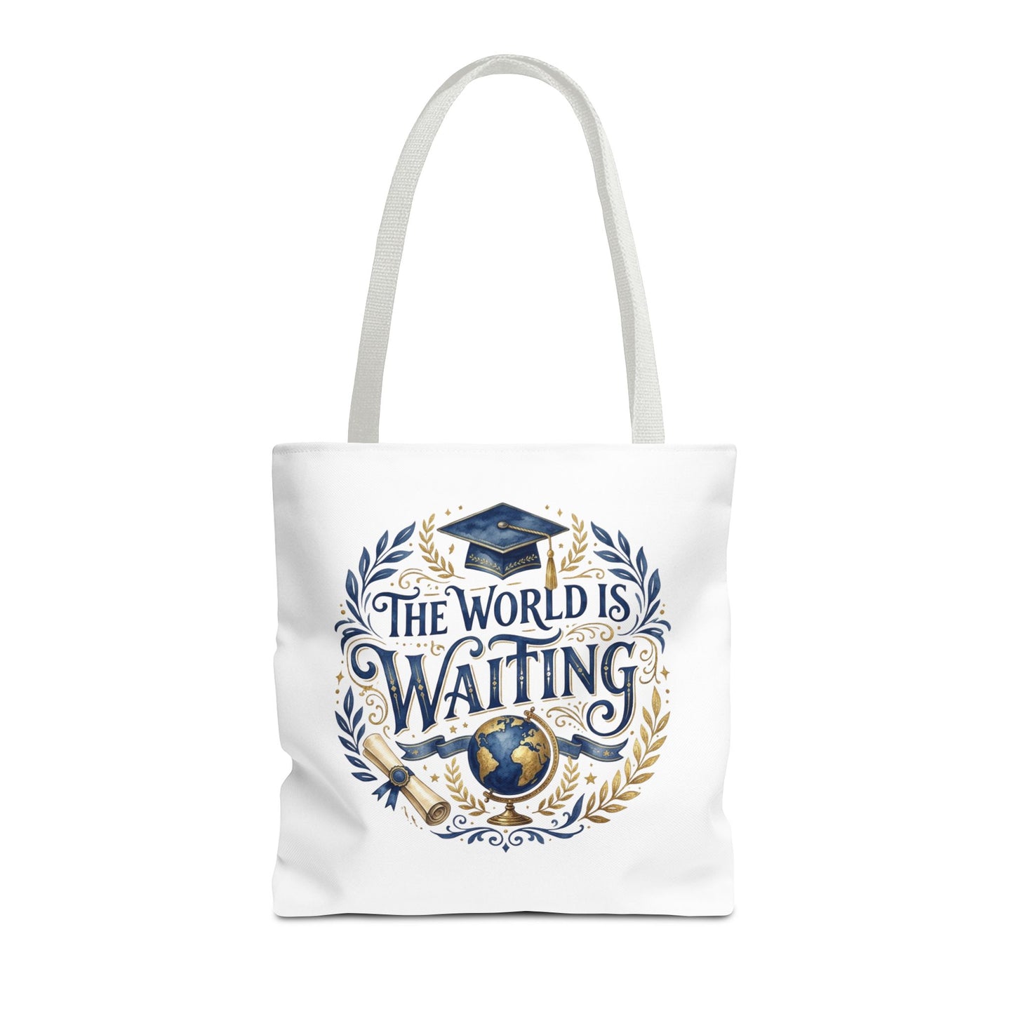 Graduation Tote Bag – "The World Is Waiting" Cap & Globe Design