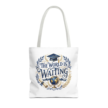 Graduation Tote Bag – "The World Is Waiting" Cap & Globe Design