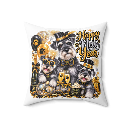 Happy New Year Schnauzer Pillow — Festive Gold Party Decorative Throw Pillow