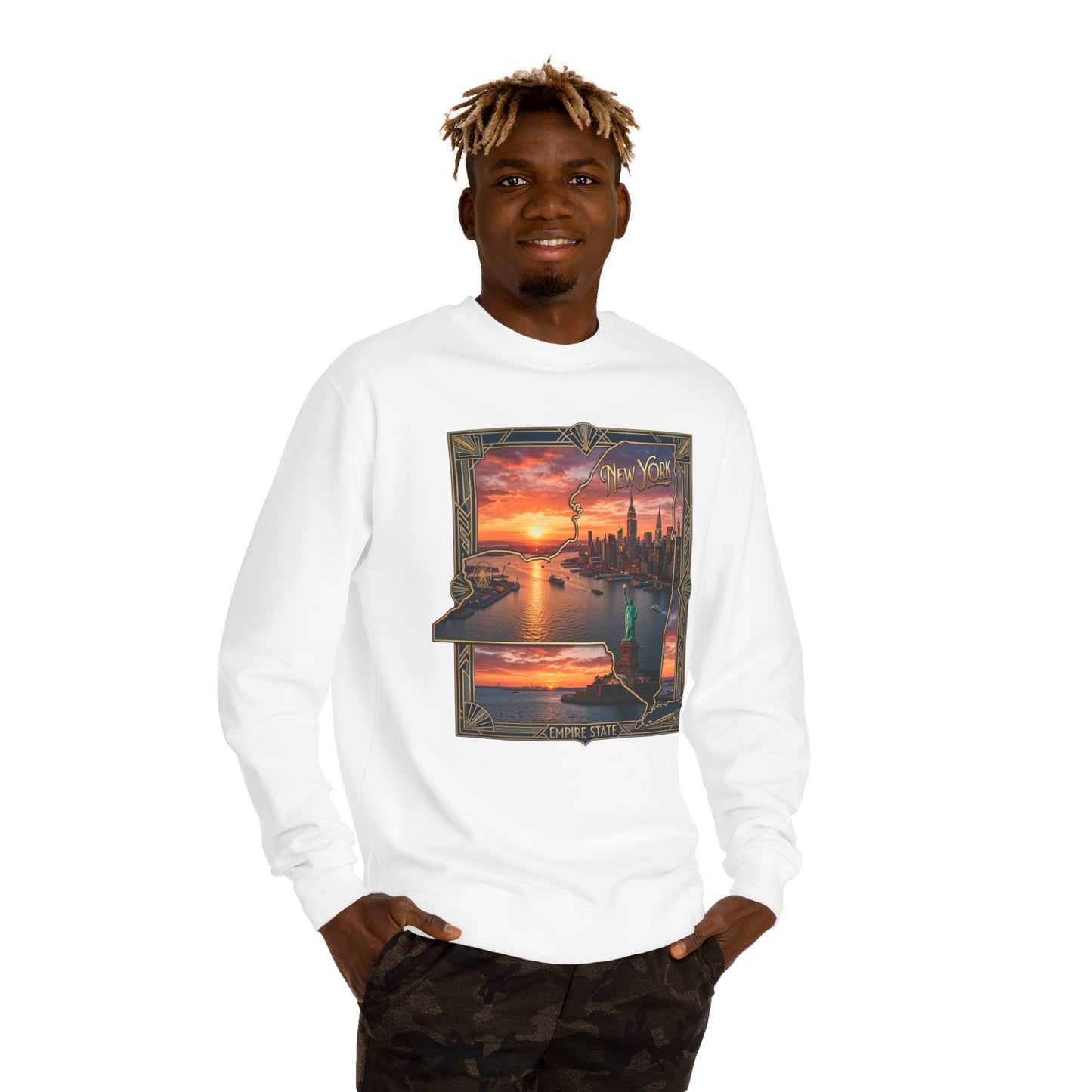 New York Sunset Crewneck Sweatshirt — Statue of Liberty Skyline Graphic