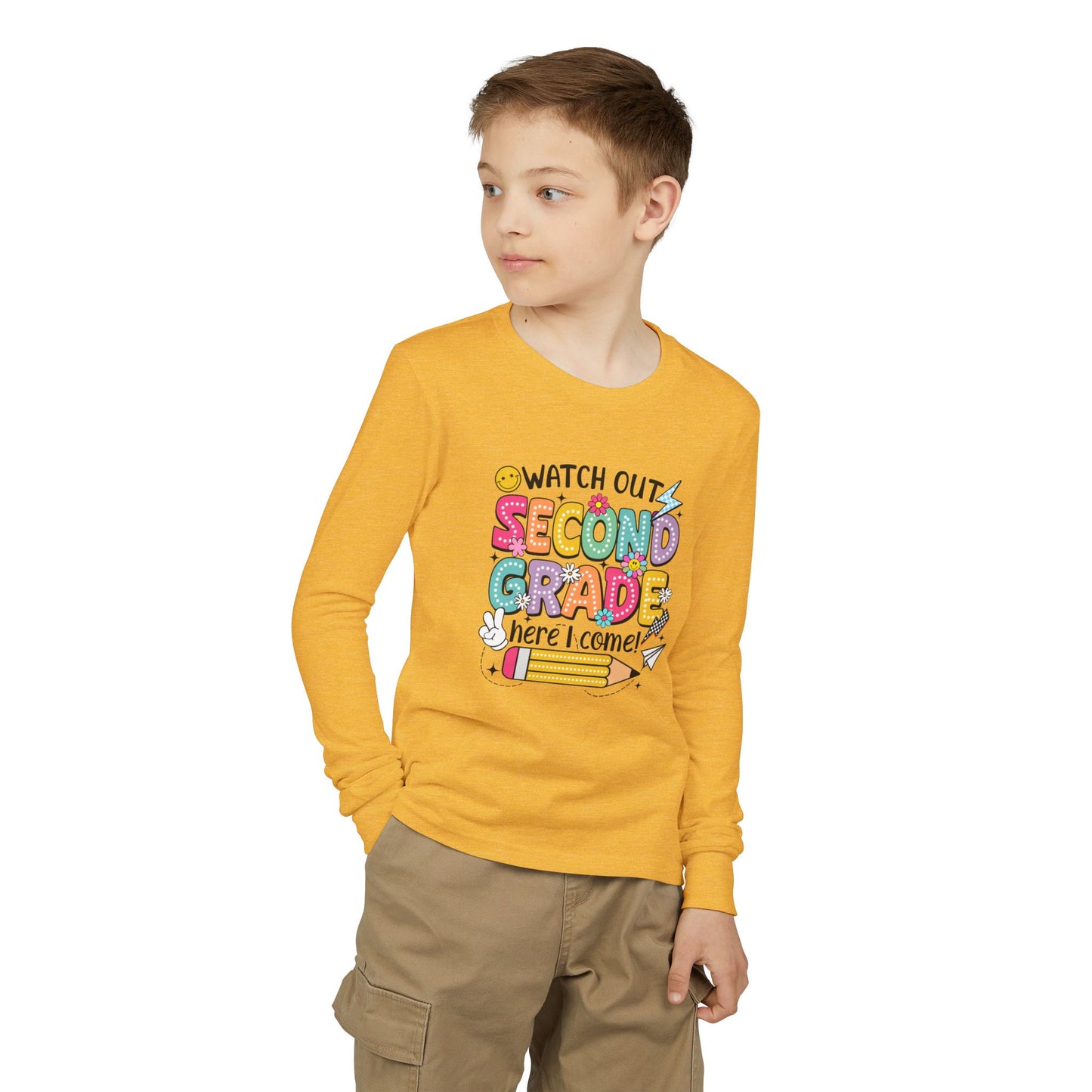Second Grade Kids Long Sleeve Tee – “Watch Out Second Grade Here I Come!” Back-to-School Shirt