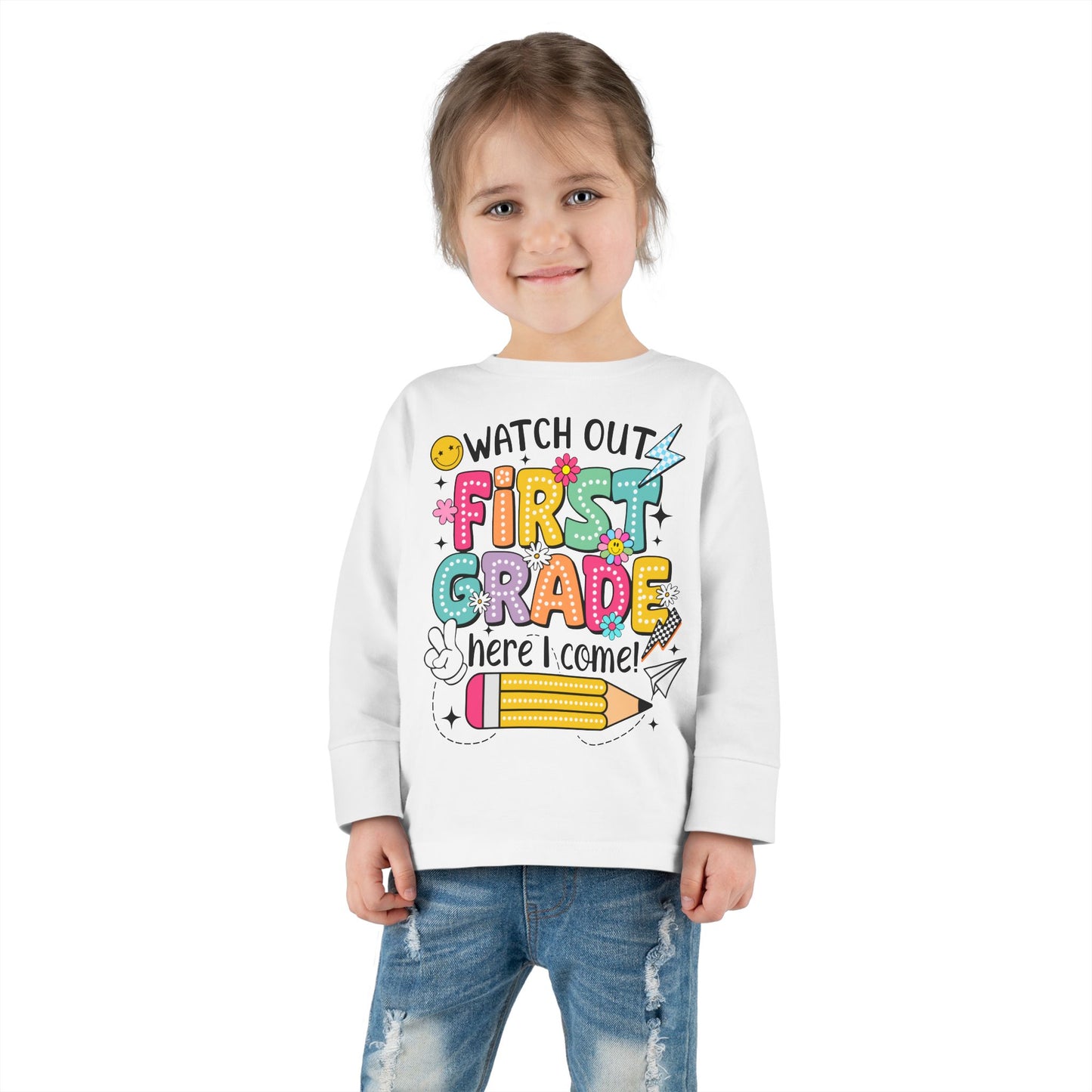 Toddler Long Sleeve Tee — "Watch Out First Grade Here I Come" Back-to-School Shirt