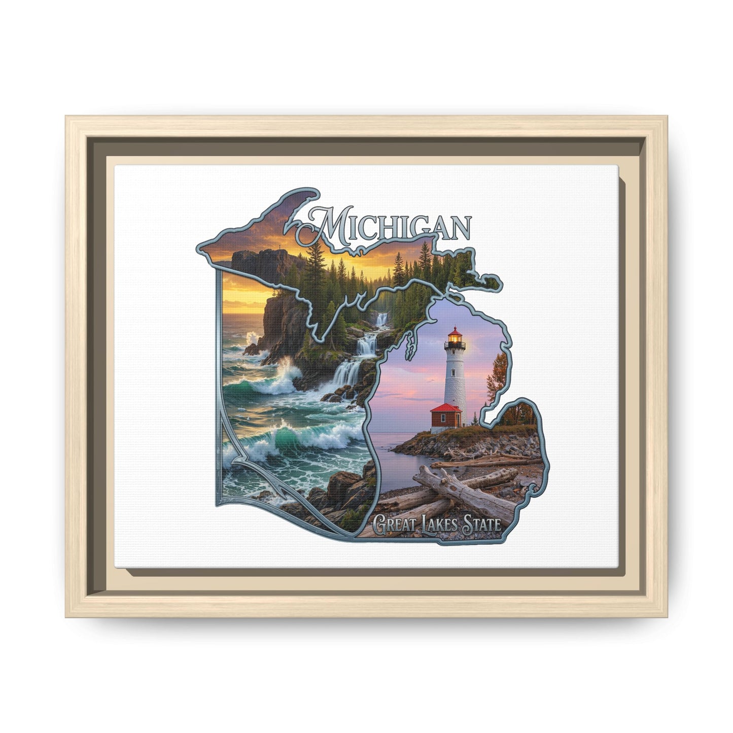 Michigan Framed Canvas Wall Art — Great Lakes State Lighthouse & Shoreline Print