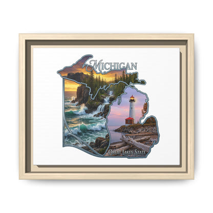 Michigan Framed Canvas Wall Art — Great Lakes State Lighthouse & Shoreline Print
