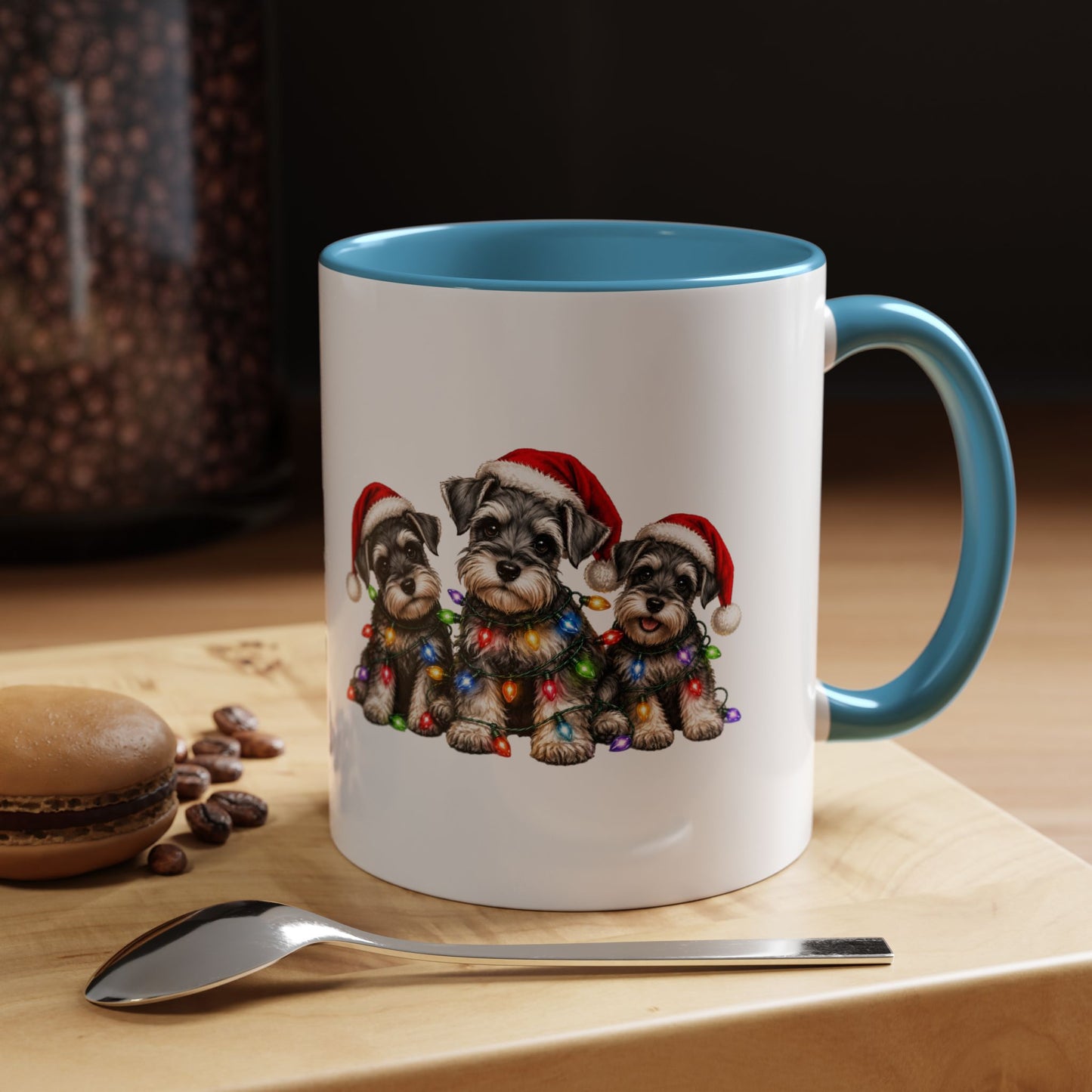Christmas Puppy Coffee Mug — Cute Schnauzer Trio with Santa Hats & Holiday Lights (11/15oz)