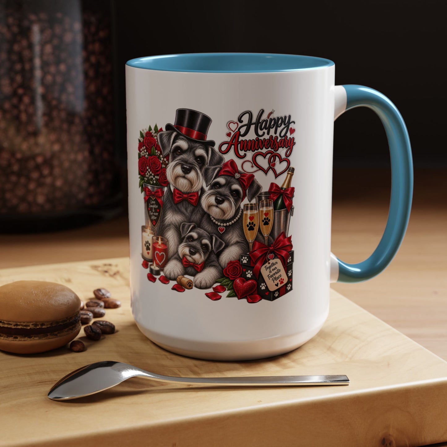 Happy Anniversary Dog Coffee Mug — Cute Pups, Champagne & Roses Accent Mug