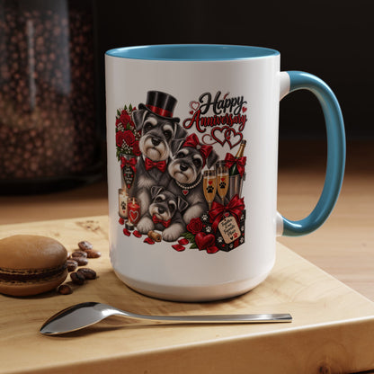 Happy Anniversary Dog Coffee Mug — Cute Pups, Champagne & Roses Accent Mug