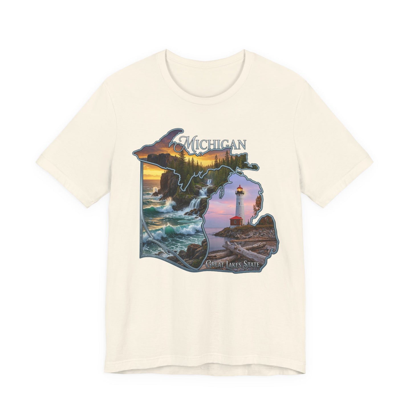 Michigan Scenic Map T-Shirt — Great Lakes Lighthouse Sunset Tee