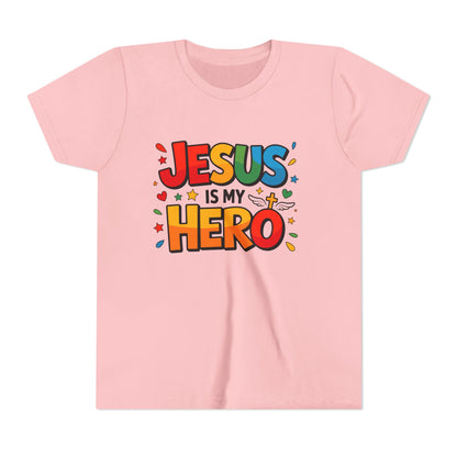 Youth Tee — "Jesus Is My Hero" Colorful Kids Christian T-Shirt