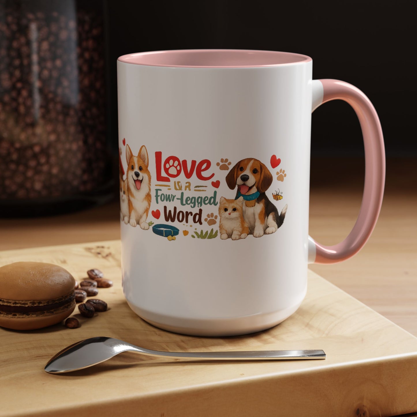 Dog Lover Accent Coffee Mug — “Love is a Four-Legged Word” Ceramic Gift