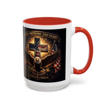 Patriotic Faith & Freedom Accent Coffee Mug — Eagle, Cross & American Flag (1776–2026)