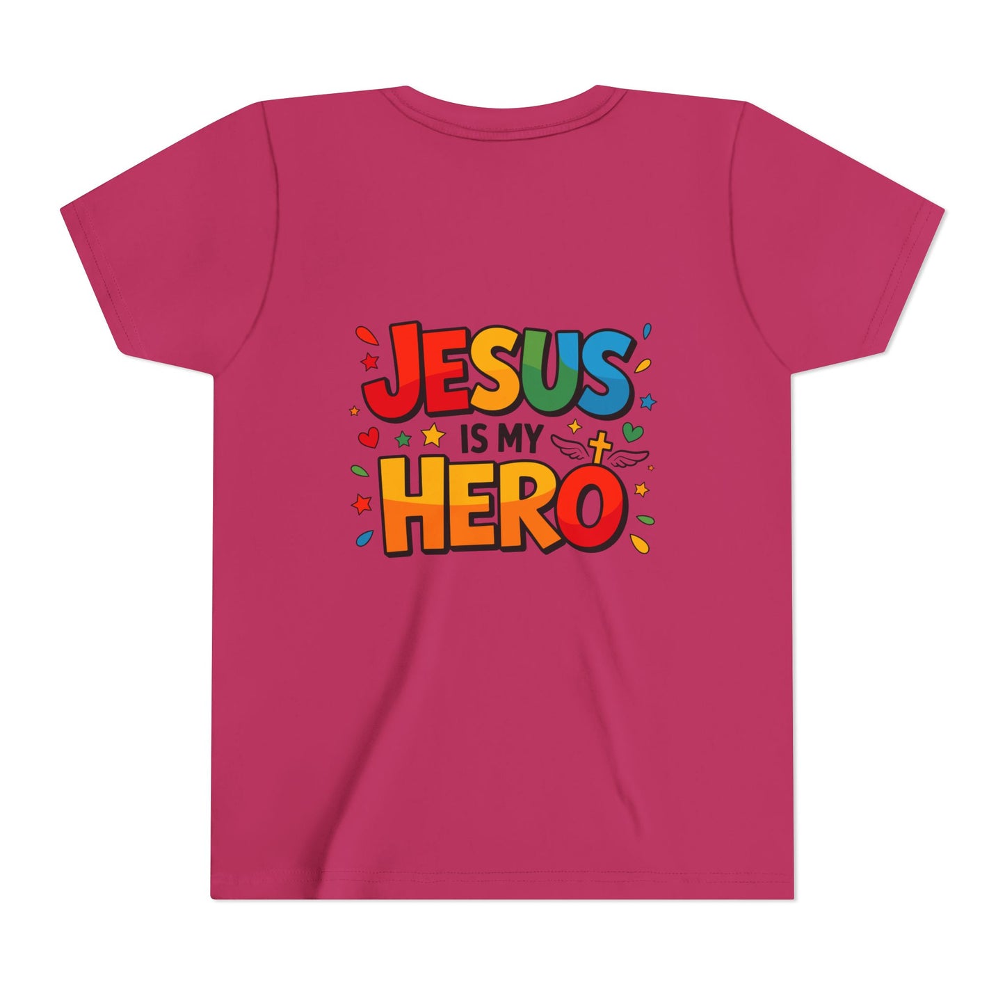 Youth Tee — "Jesus Is My Hero" Colorful Kids Christian T-Shirt