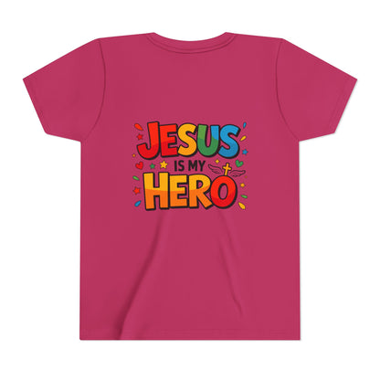 Youth Tee — "Jesus Is My Hero" Colorful Kids Christian T-Shirt