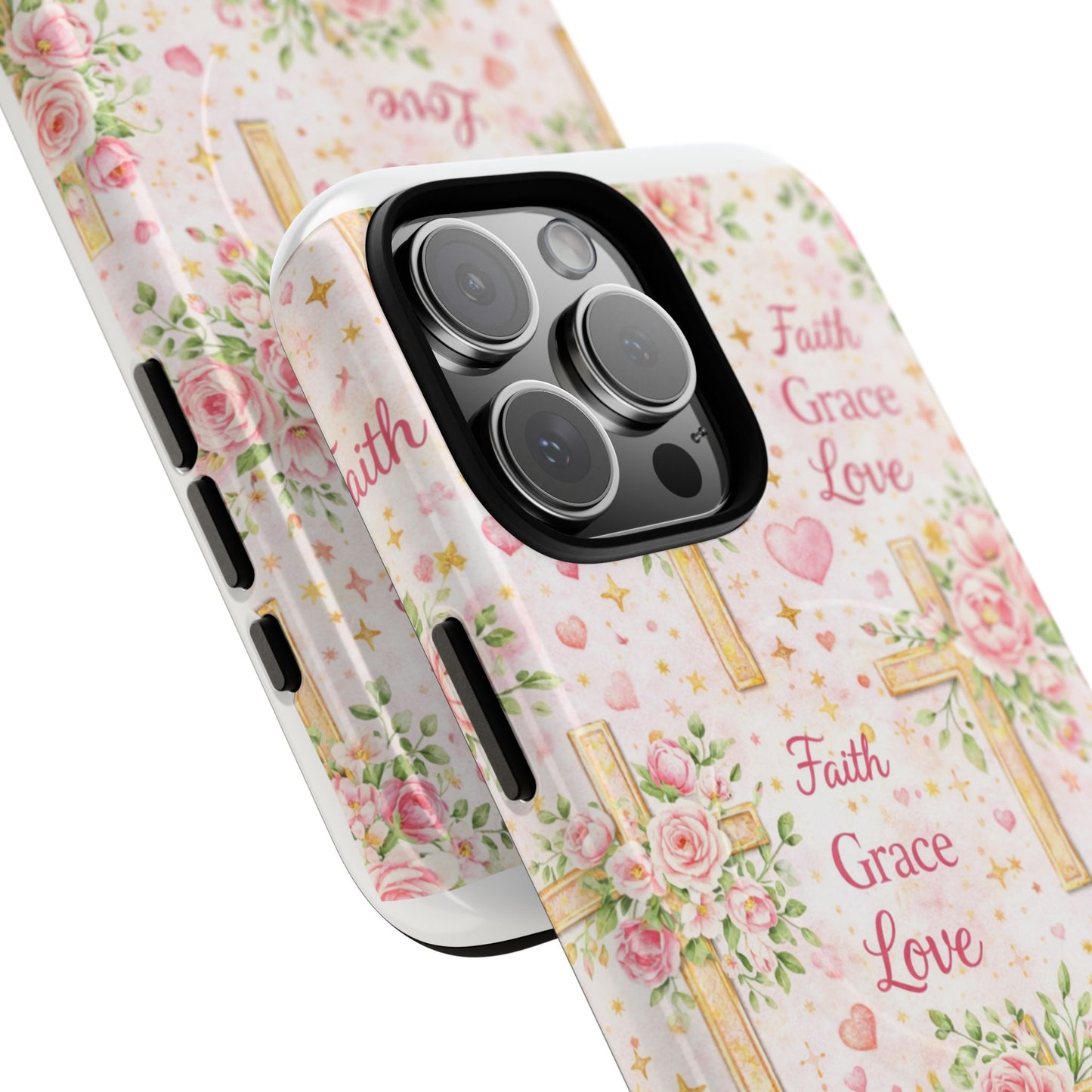 Christian Floral Cross Phone Case — "Faith Grace Love" Tough Magnetic Case