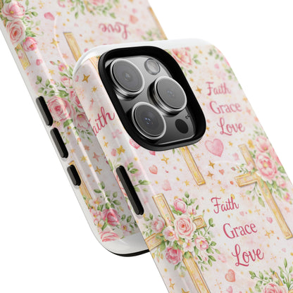Christian Floral Cross Phone Case — "Faith Grace Love" Tough Magnetic Case