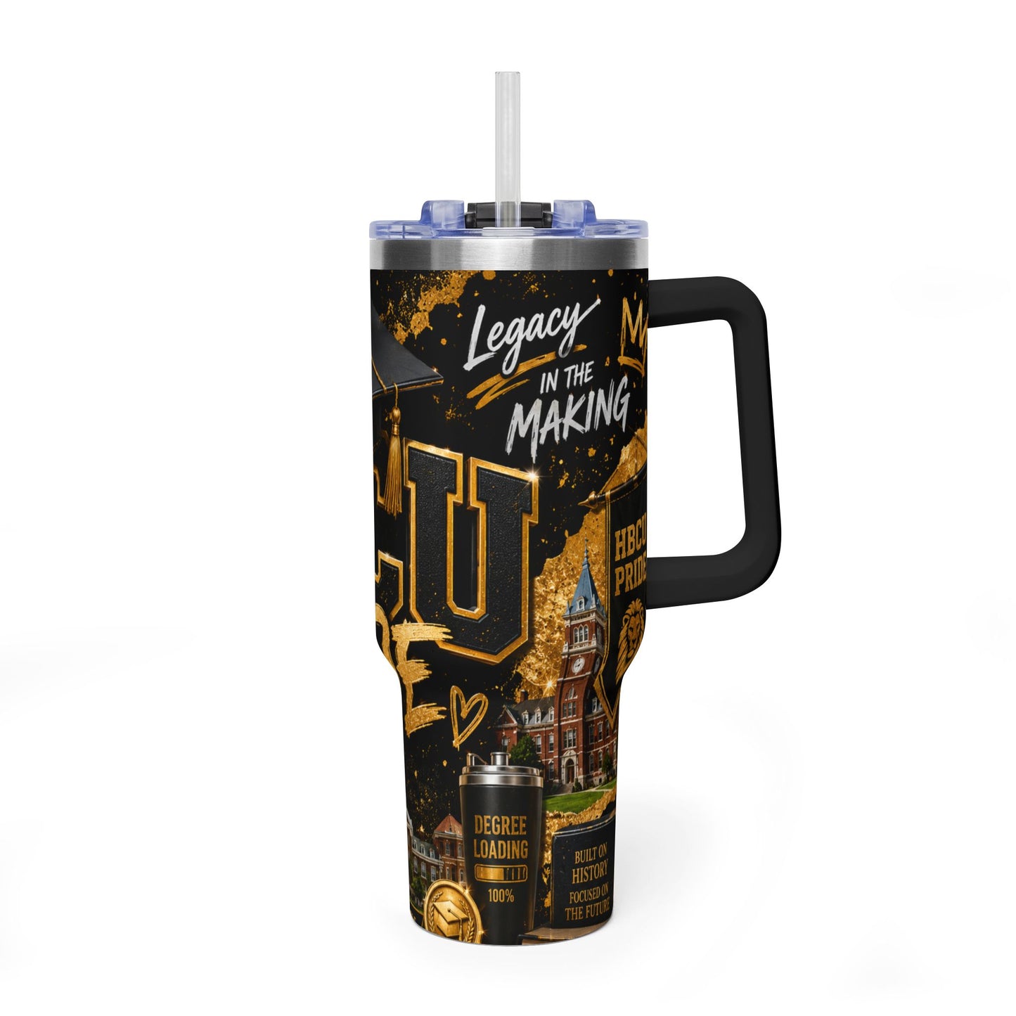 HBCU Graduate 40oz Vacuum Tumbler – Black & Gold Commencement Travel Mug