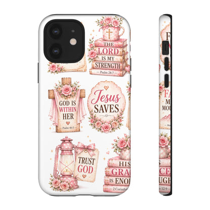 Christian Phone Case — Jesus Saves Floral Tough Case with 'God Is Within Her' & 'Trust God' Design