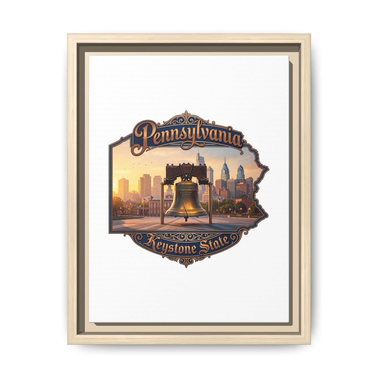 Pennsylvania Keystone State Framed Canvas Wall Art — Liberty Bell & Philadelphia Skyline