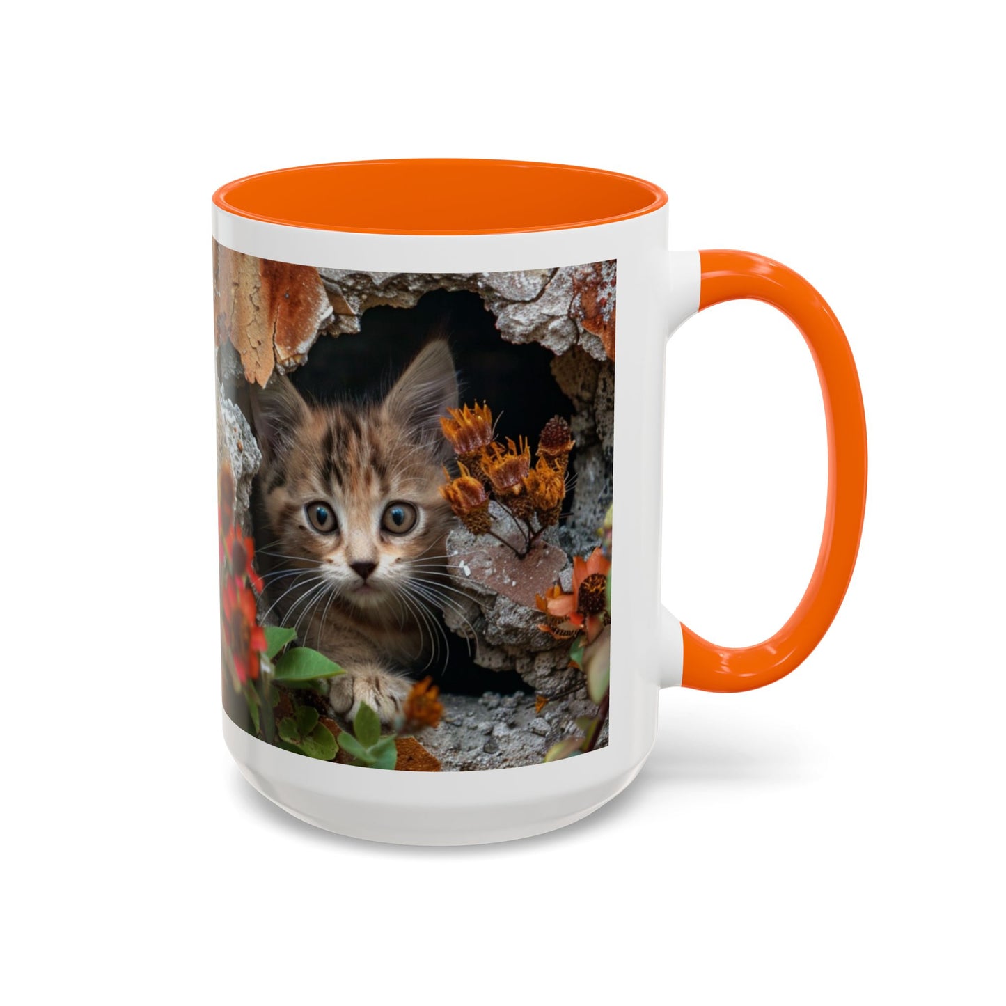 Cute Kitten Peek Accent Coffee Mug — Tabby Cat Floral 11/15oz