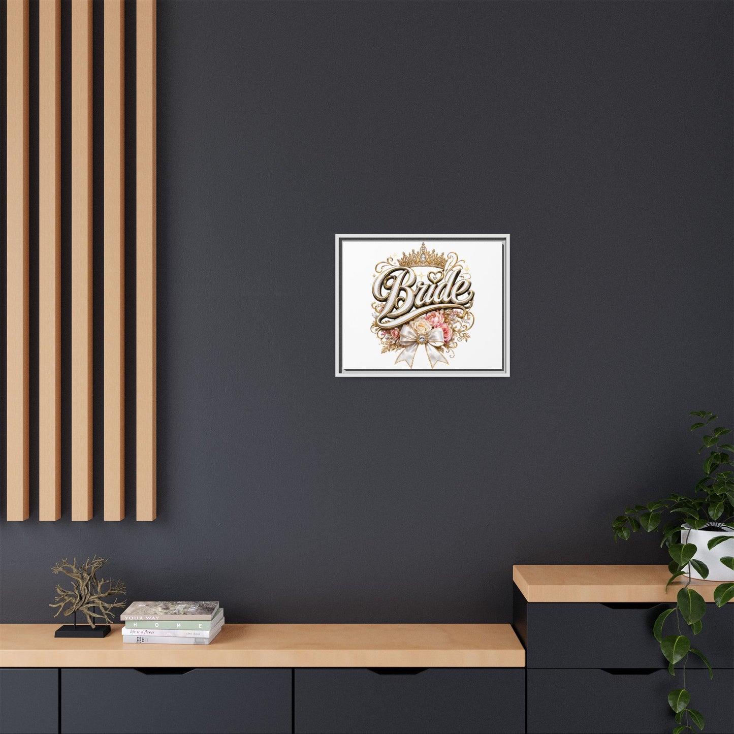 Framed Bride Canvas Wall Art — Elegant Bridal Crown & Floral Wedding Decor