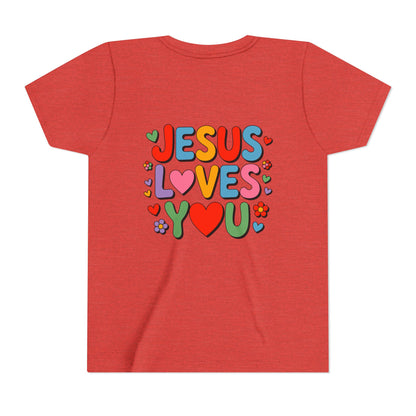 Youth Tee - "Jesus Loves You" Colorful Heart & Flower Christian Shirt