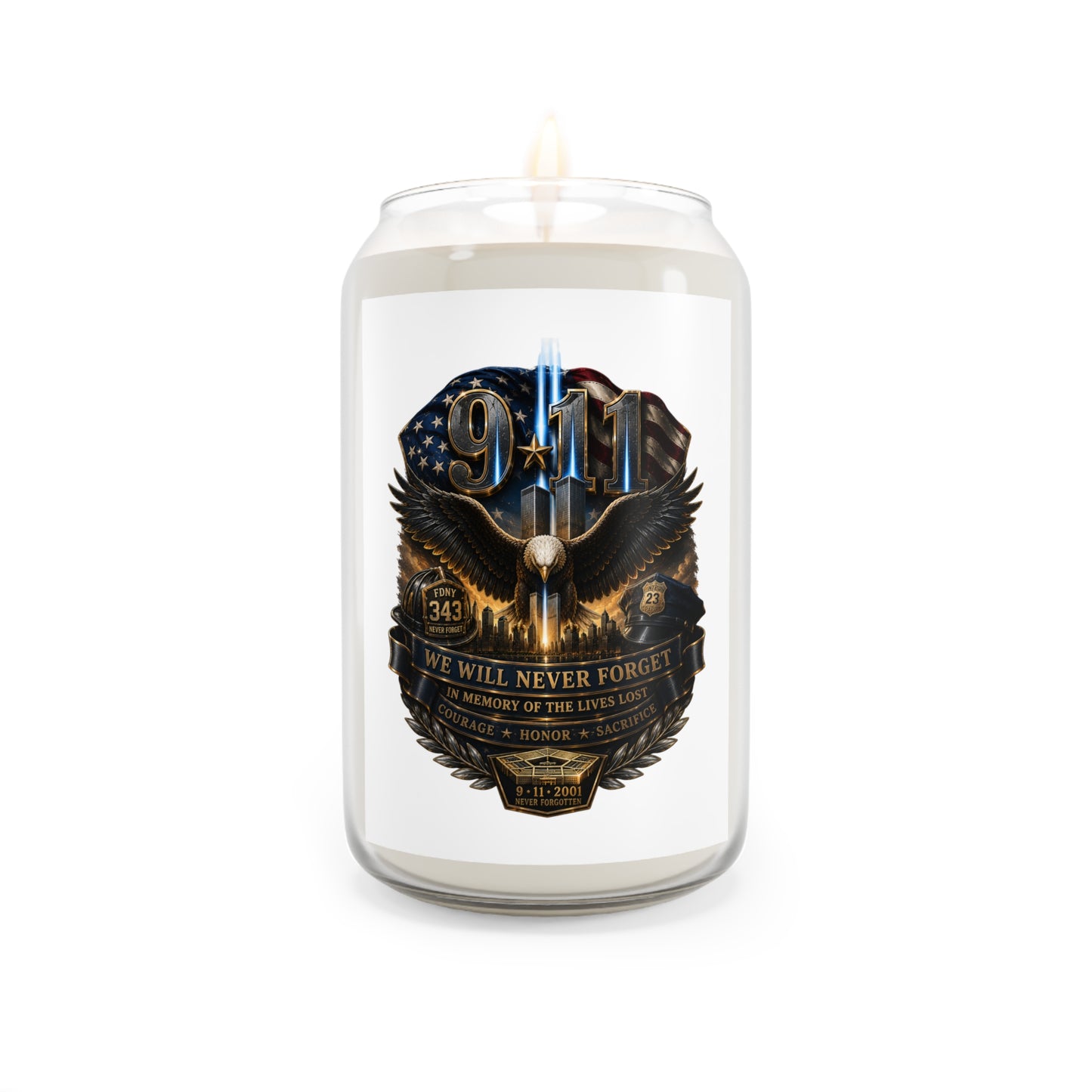 9/11 Tribute Soy Candle — "We Will Never Forget" Memorial Scented Candle (13.75oz)