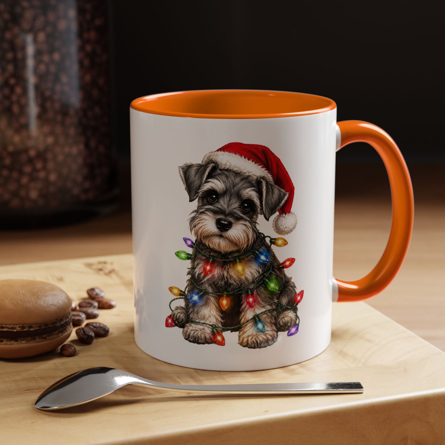 Christmas Puppy Coffee Mug — Schnauzer in Santa Hat with Holiday Lights (11/15oz)