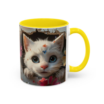Cute White Kitten Coffee Mug – Floral Accent 11/15oz