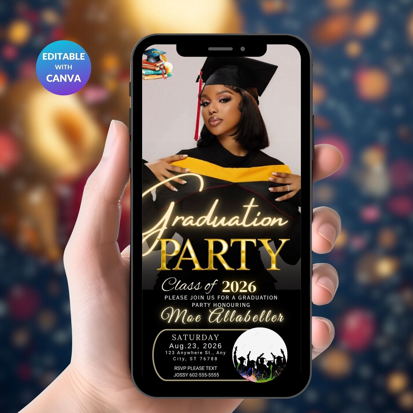 Elegant Black Mobile Graduation Invite | Editable Graduation Digital Invitation Template