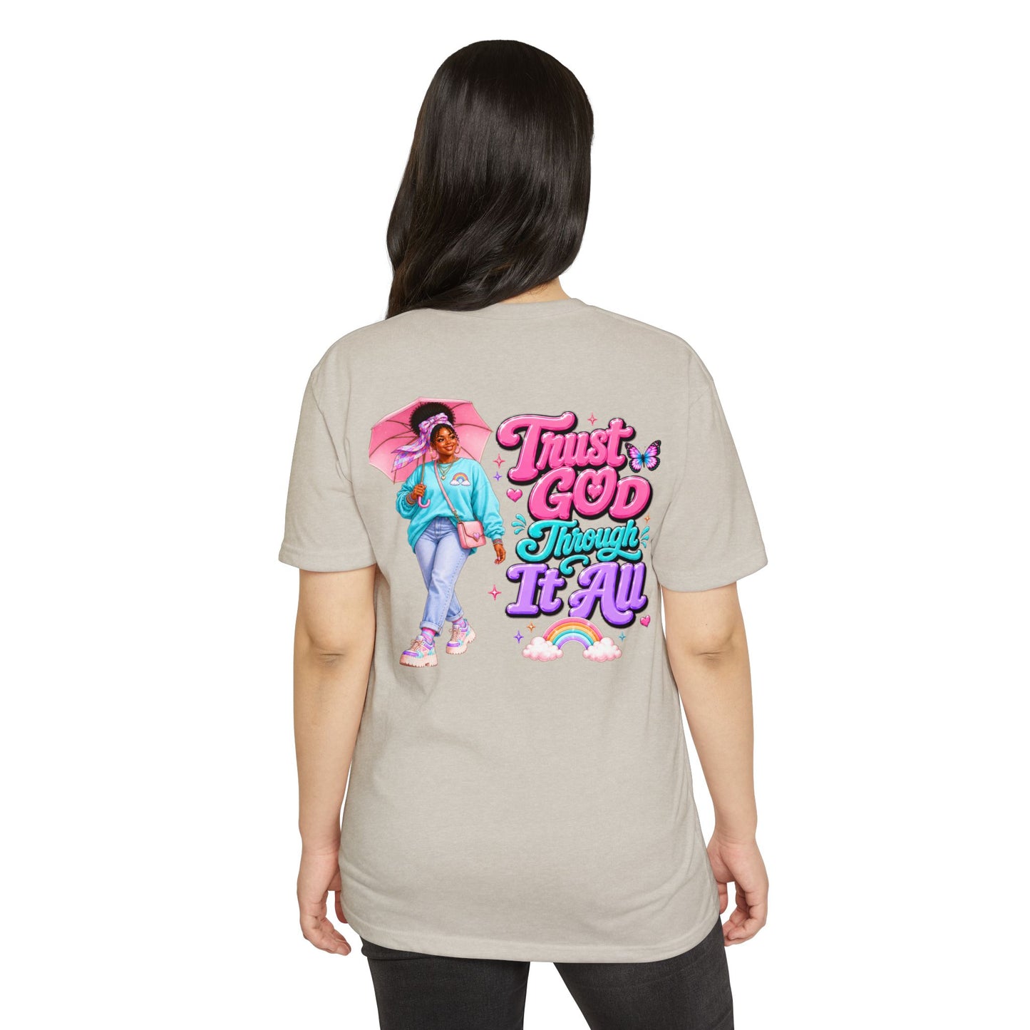 Trust God Through It All T-Shirt — Inspirational Faith Tee with Colorful Girl Illustration