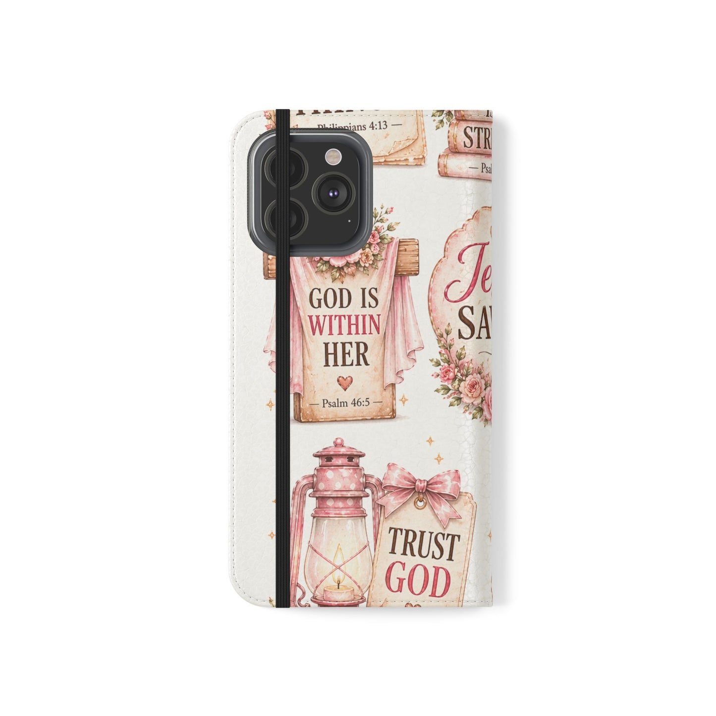 Christian Floral Phone Flip Case — "Jesus Saves" & Inspirational Scripture Wallet Cover