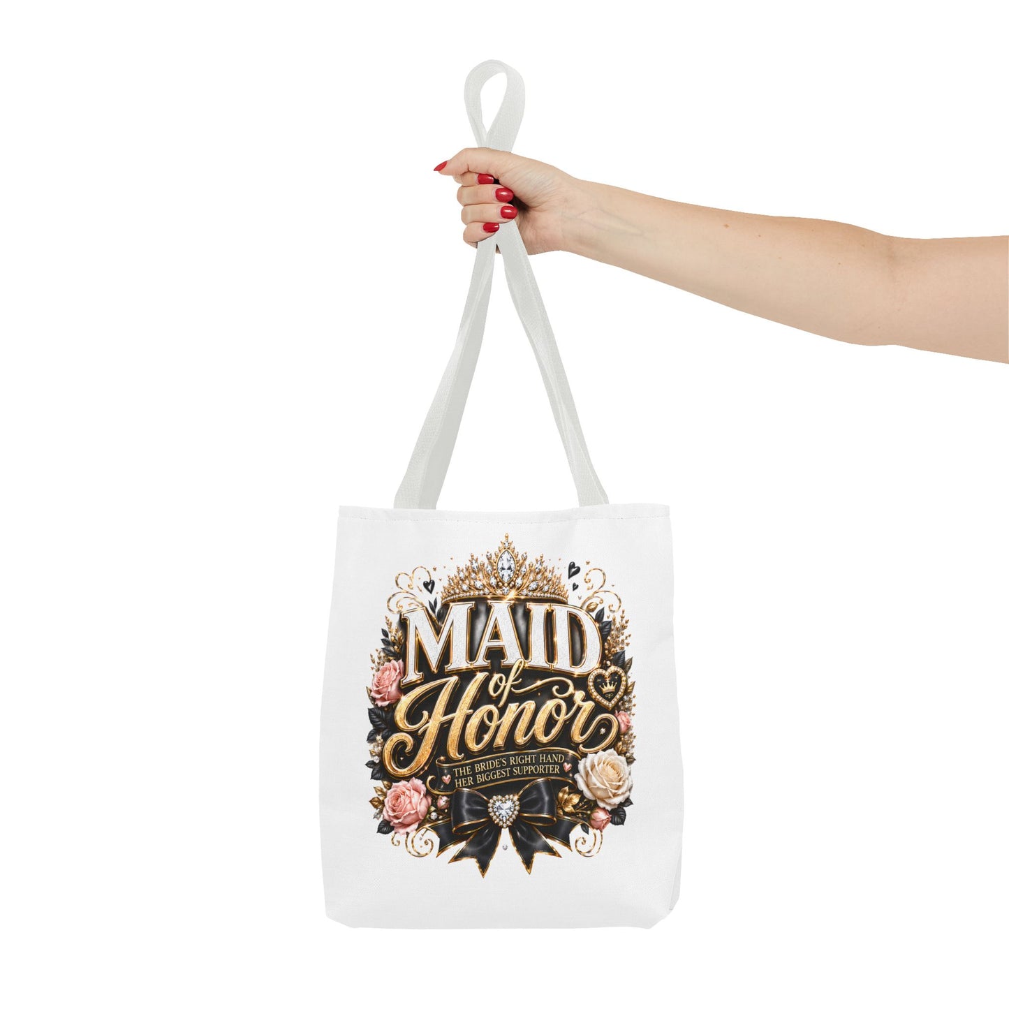 Maid of Honor Tote Bag — Elegant Bridal Party Gift with Gold Crown Floral Design