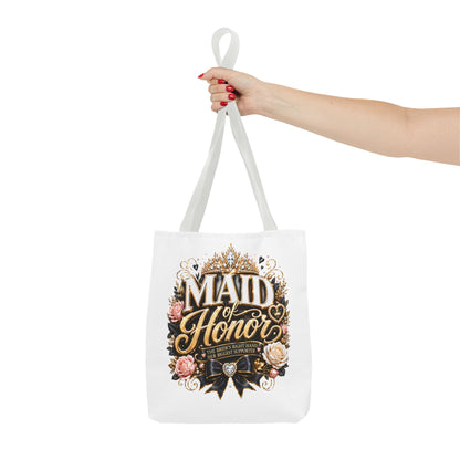 Maid of Honor Tote Bag — Elegant Bridal Party Gift with Gold Crown Floral Design