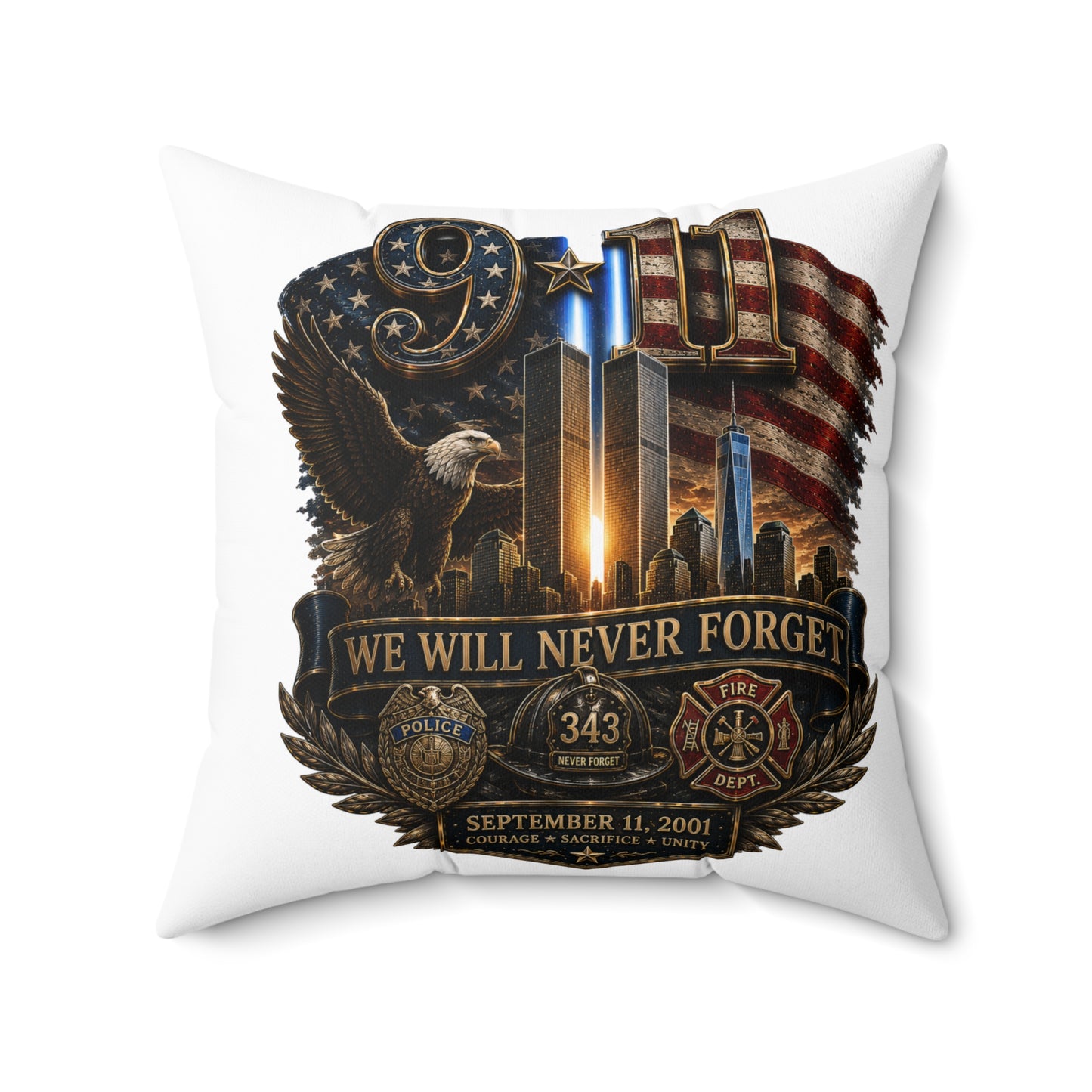 9/11 Memorial Square Pillow — "We Will Never Forget" Tribute