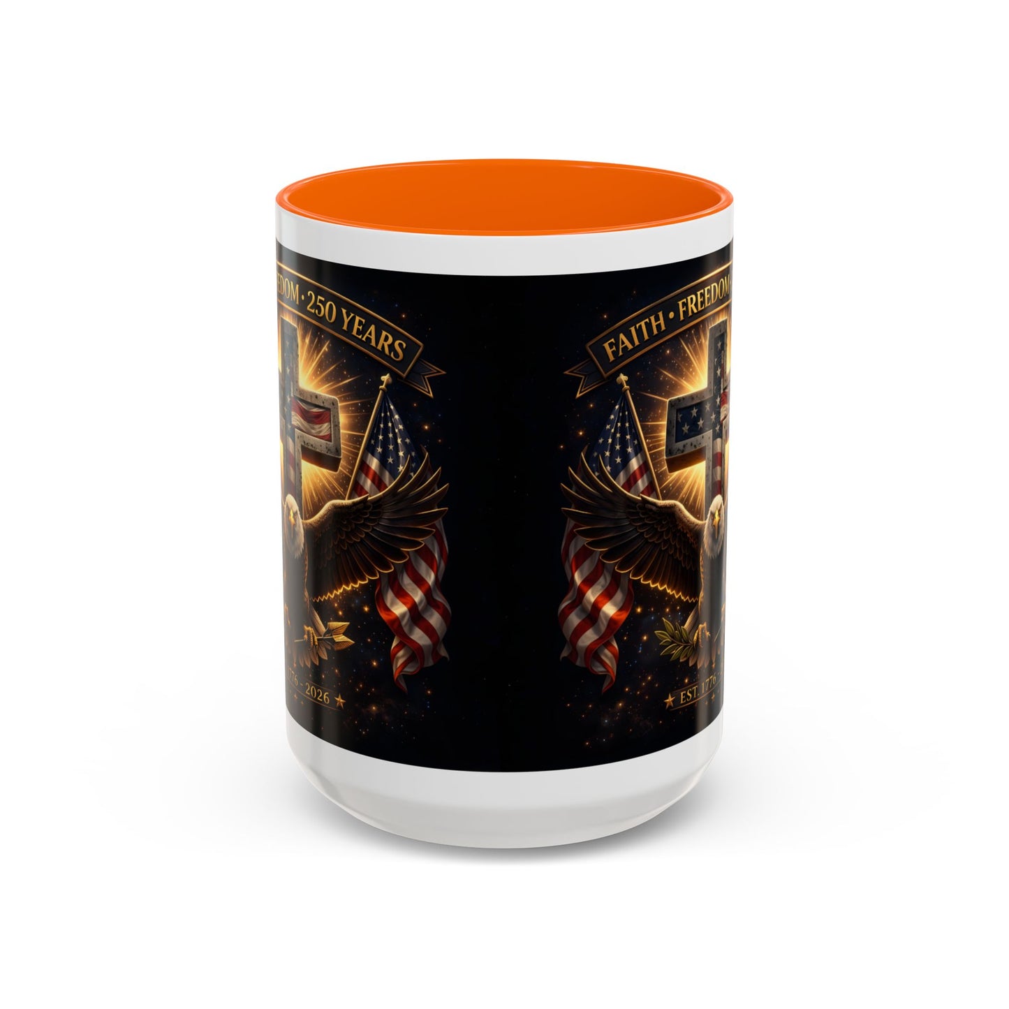 Patriotic Faith & Freedom Accent Coffee Mug — Eagle, Cross & American Flag (1776–2026)