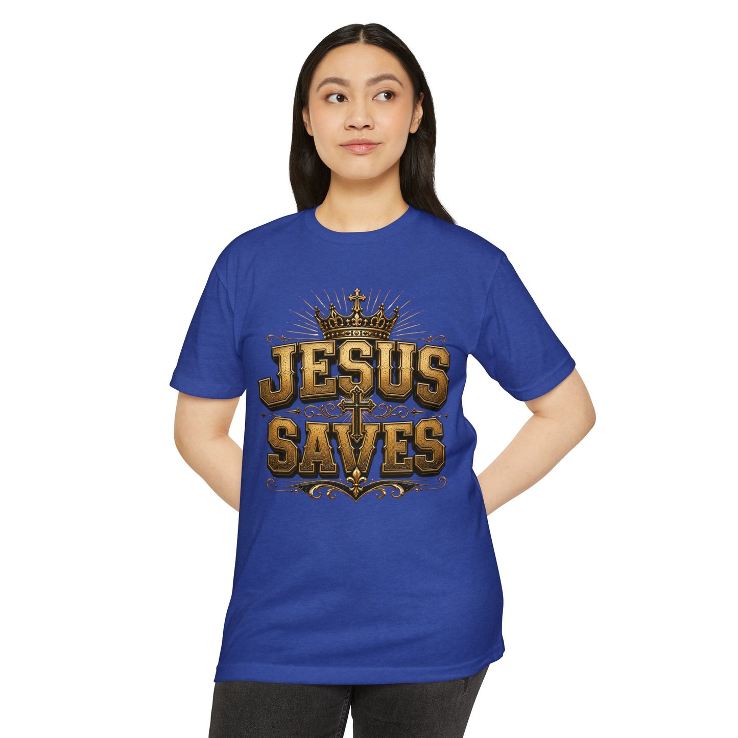 Jesus Saves T-Shirt — Christian Faith Graphic Tee with Crown & Cross