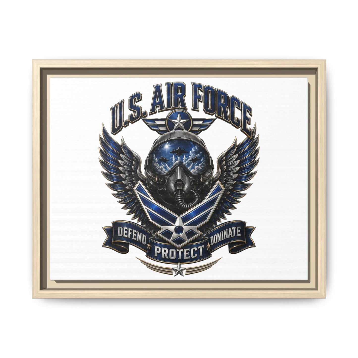 U.S. Air Force Emblem Framed Canvas Print – "Defend Protect Dominate" Military Wall Art