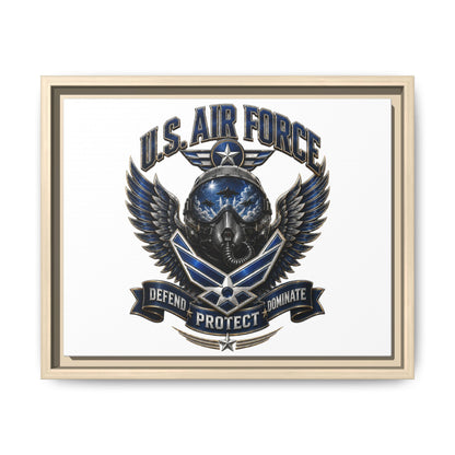 U.S. Air Force Emblem Framed Canvas Print – "Defend Protect Dominate" Military Wall Art