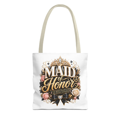 Maid of Honor Tote Bag — Elegant Bridal Party Gift with Gold Crown Floral Design