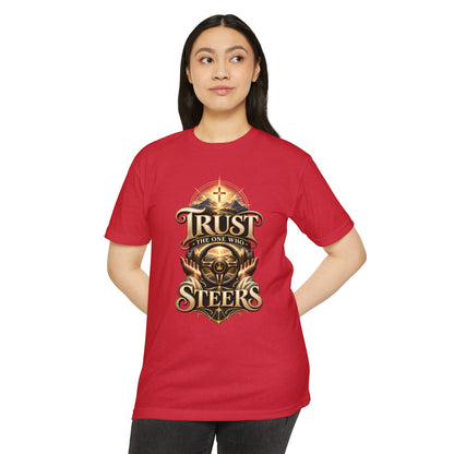 Trust He Steers T‑Shirt — Christian Faith Nautical Steering Wheel Design
