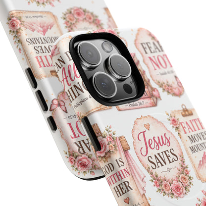Christian Faith iPhone Tough Magnetic Case — 'Jesus Saves' Floral Scripture Design (Fear Not, Faith Moves Mountains)