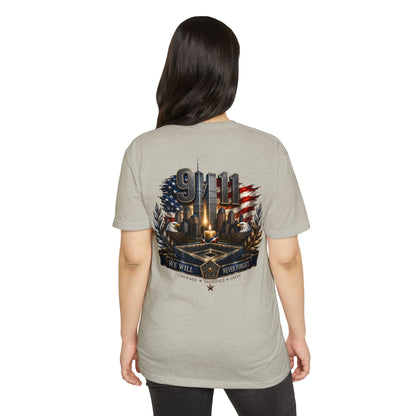 9/11 Never Forget Memorial T-Shirt — Tribute American Flag Skyline Tee