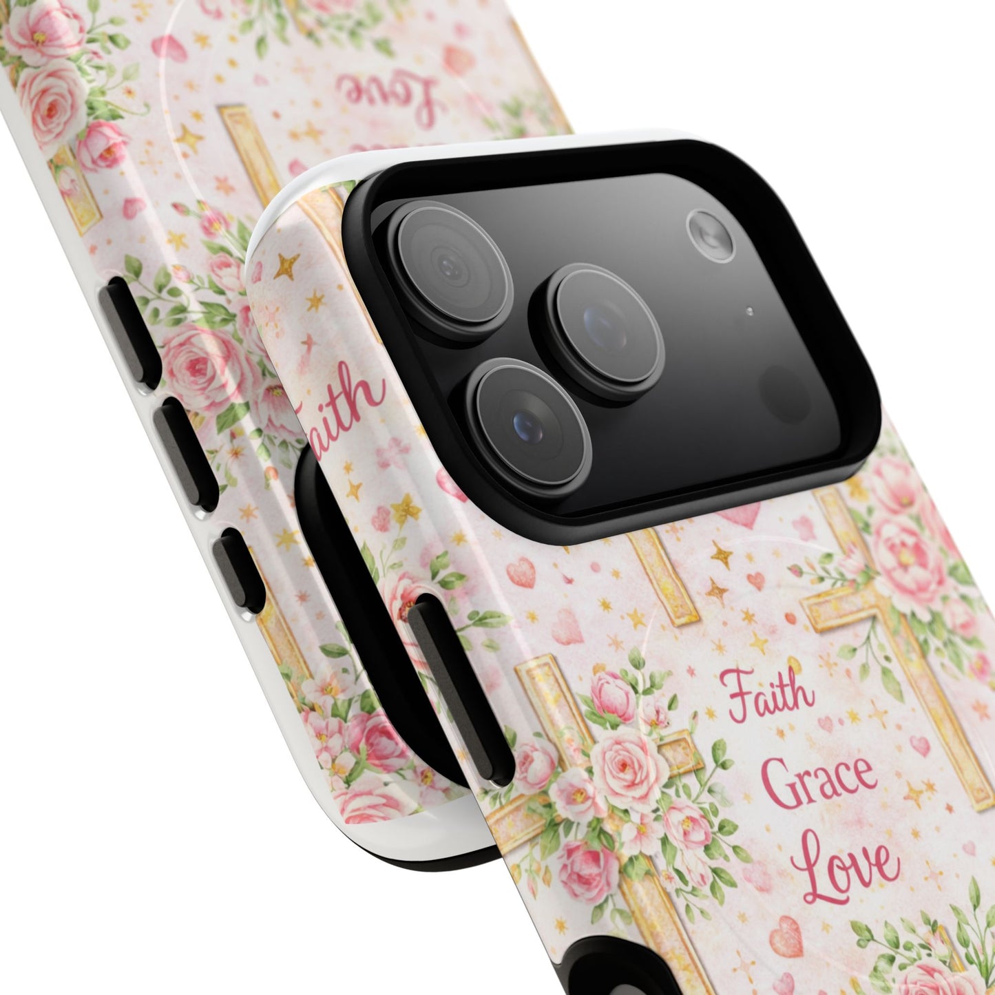 Christian Floral Cross Phone Case — "Faith Grace Love" Tough Magnetic Case