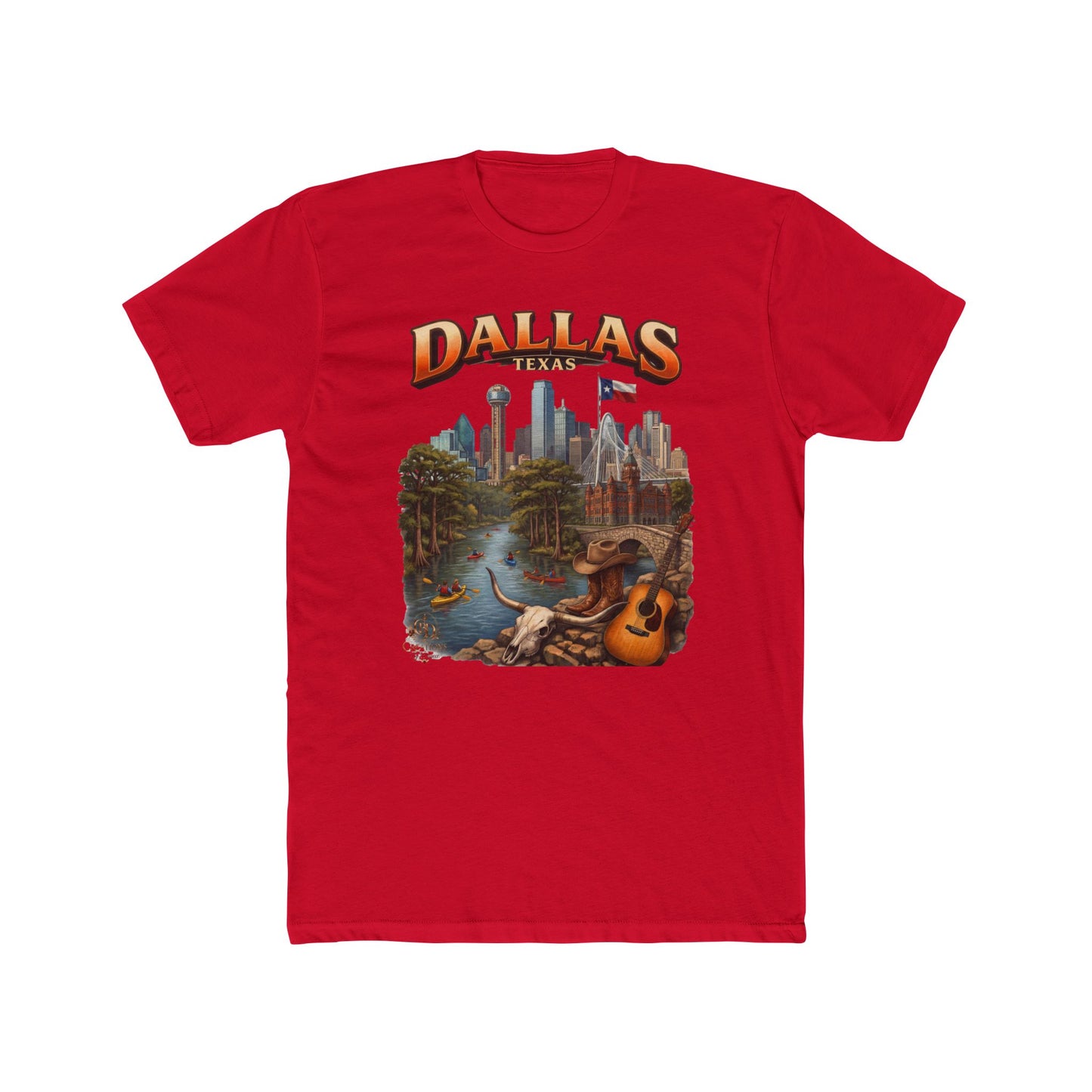Dallas Skyline Graphic Tee — Retro Cityscape with Guitar